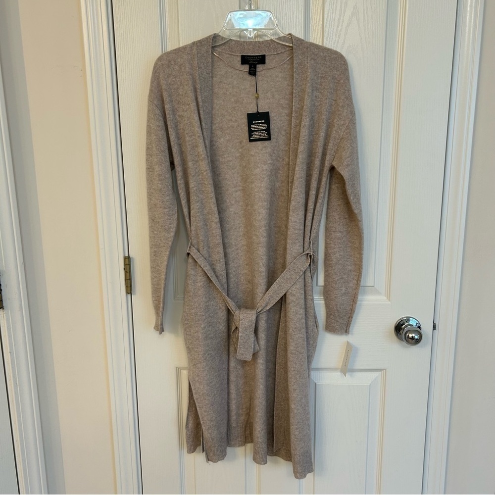 Charter Club Tie-Waist Longline 100% Cashmere Cardigan in Pearl Taupe Heather S - Picture 5 of 9